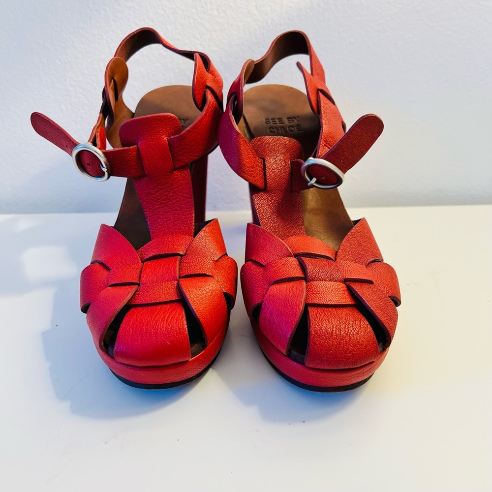 See By Chloe Red Stacked Heels.